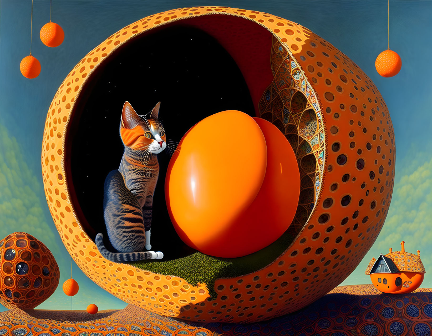 Surreal cat artwork in orange sphere with floating objects