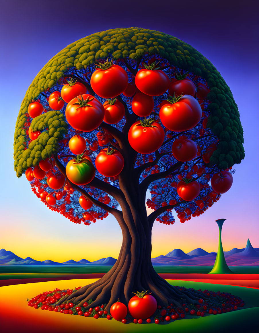 Colorful whimsical tree with ripe tomatoes against sunset backdrop