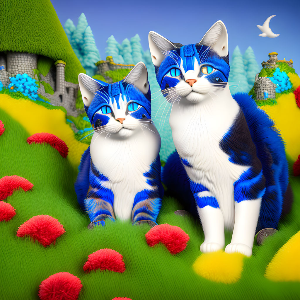 Blue and White Cartoon Cats in Colorful Fantasy Landscape