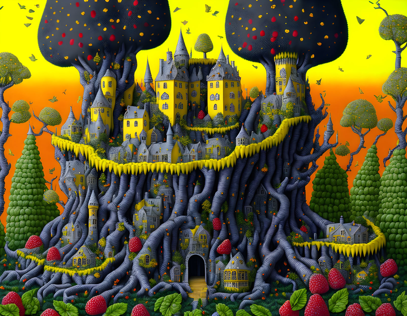 Surreal landscape with twisting castle towers and giant mushrooms under yellow sky