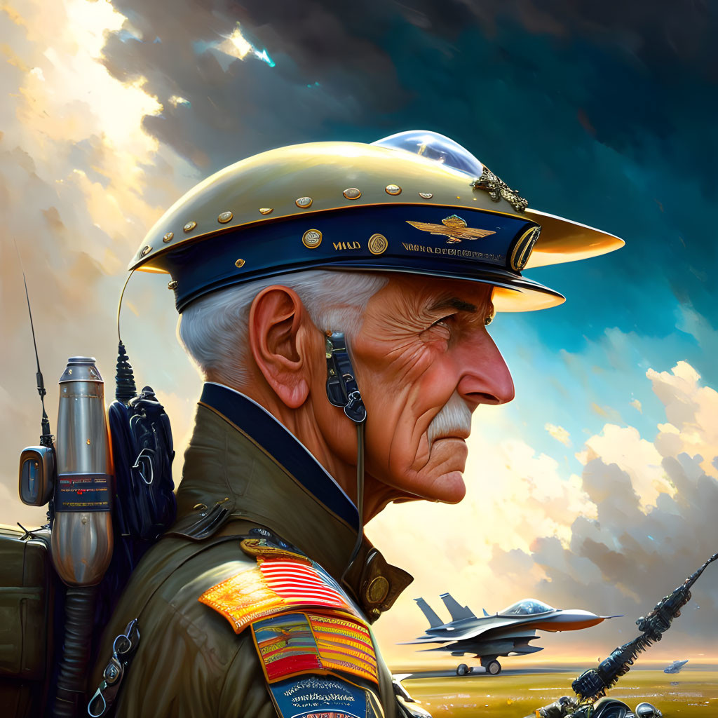 Digital artwork of elderly military officer with futuristic earpiece and jetpack, surrounded by fighter jets and dramatic