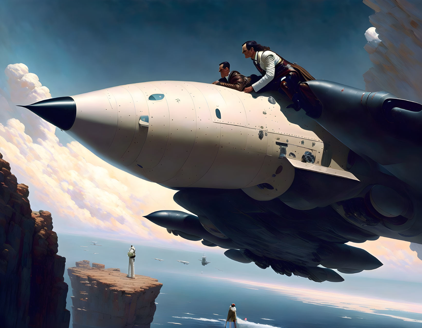 Adventure-themed surreal scene with aircraft, statue, and ships.