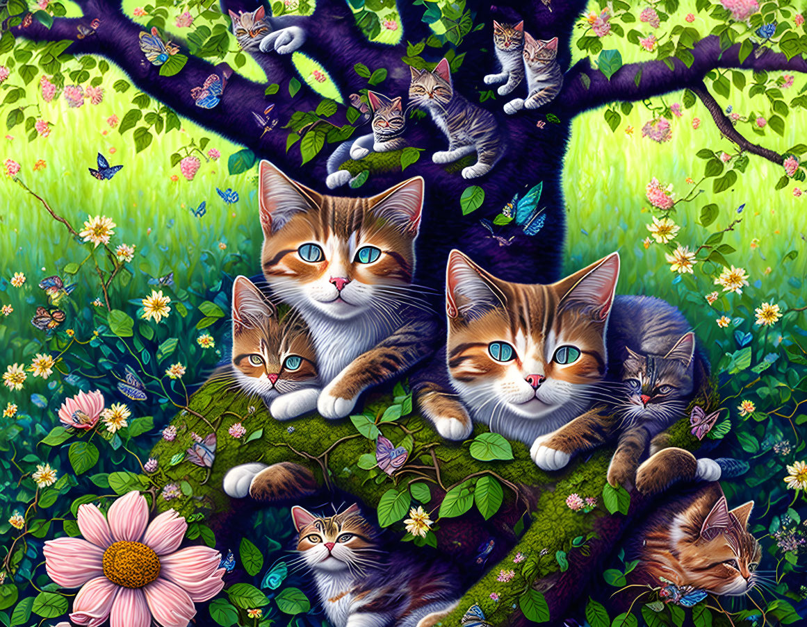 Illustration of multiple tabby cats on lush tree branches