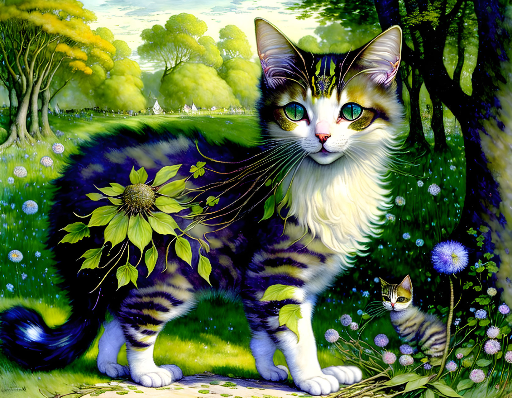 Colorful painting of whimsical cat in flower-filled meadow with kitten