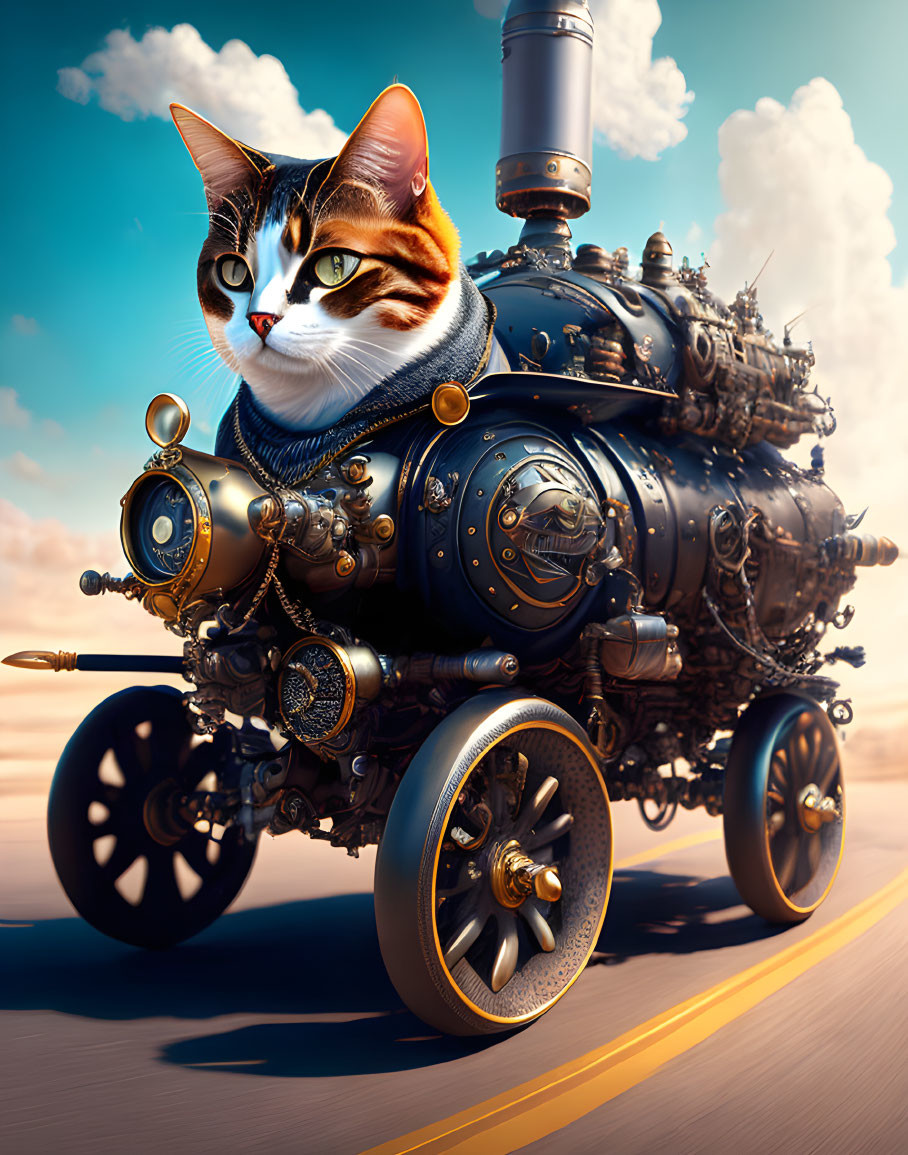 Steampunk locomotive cat on road under blue sky