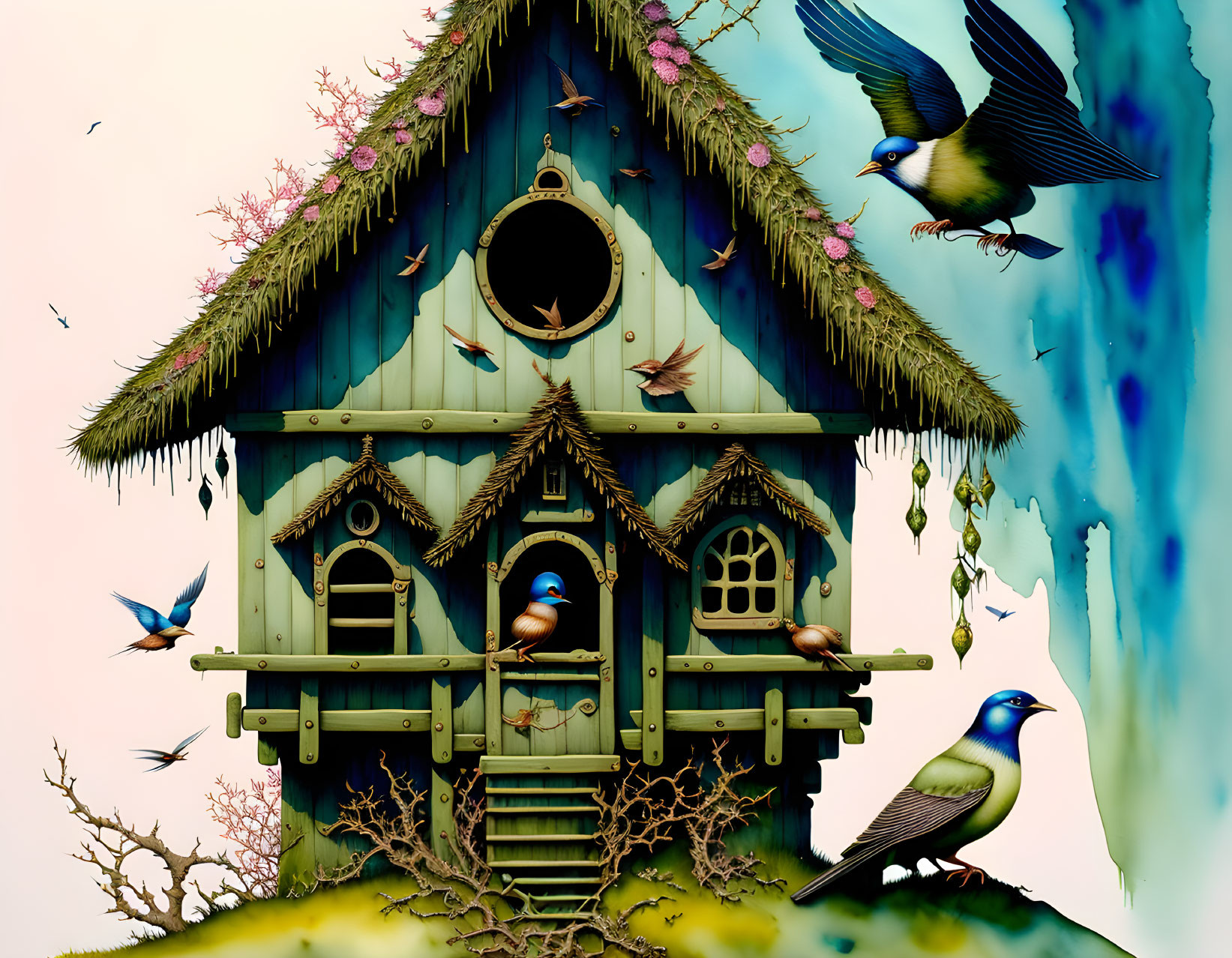 Wooden birdhouse with colorful birds in flight and perched against pastel sky