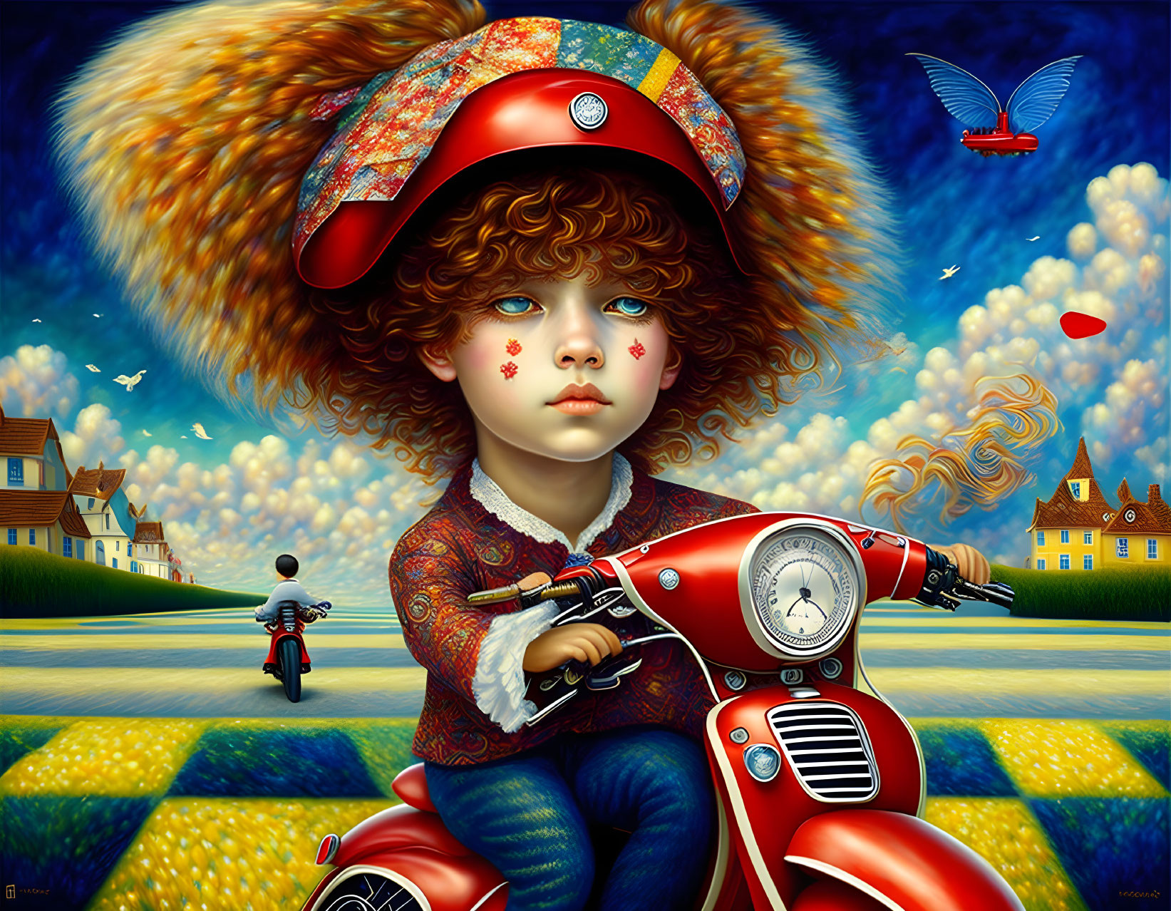 Surreal image of child on red scooter with whimsical elements