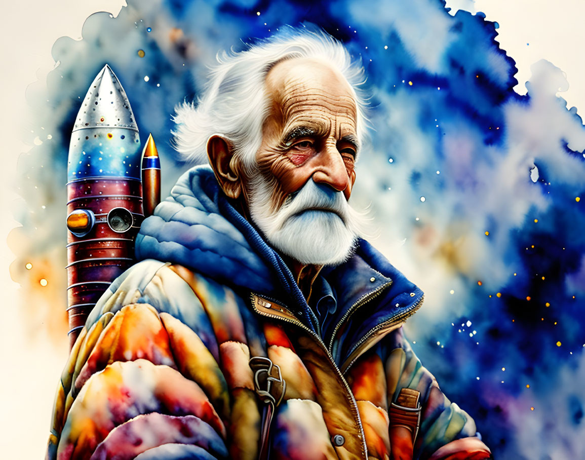 Elderly man in puffer jacket near rocket in cosmic setting