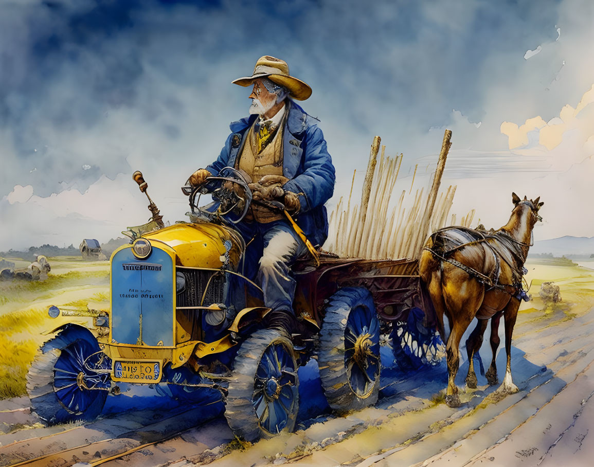 Elderly man on vintage tractor with horse in rural landscape