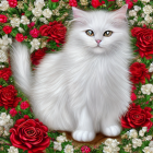 White Cat Artwork with Swirling Patterns and Floral Surroundings