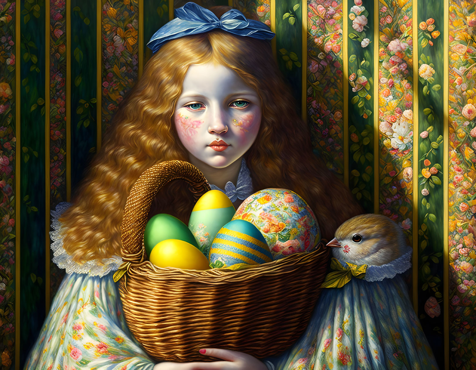 Portrait of a girl with curly hair holding eggs and bird on floral backdrop