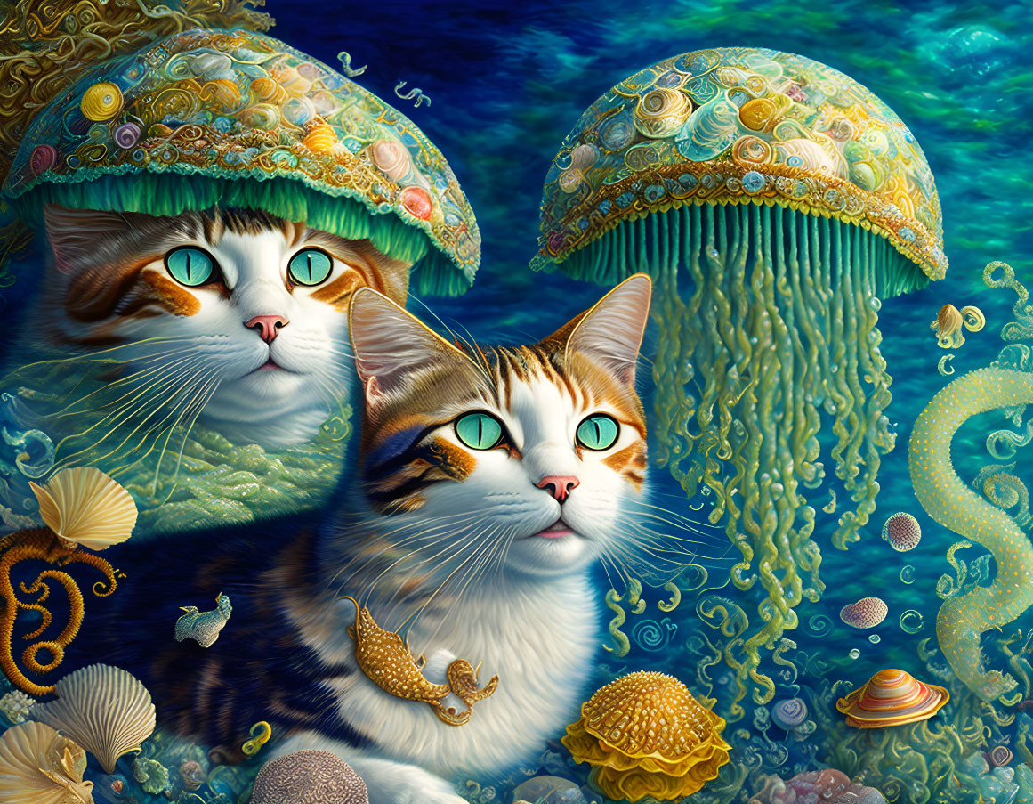 Two cats with jellyfish-like hats in vibrant underwater scene.