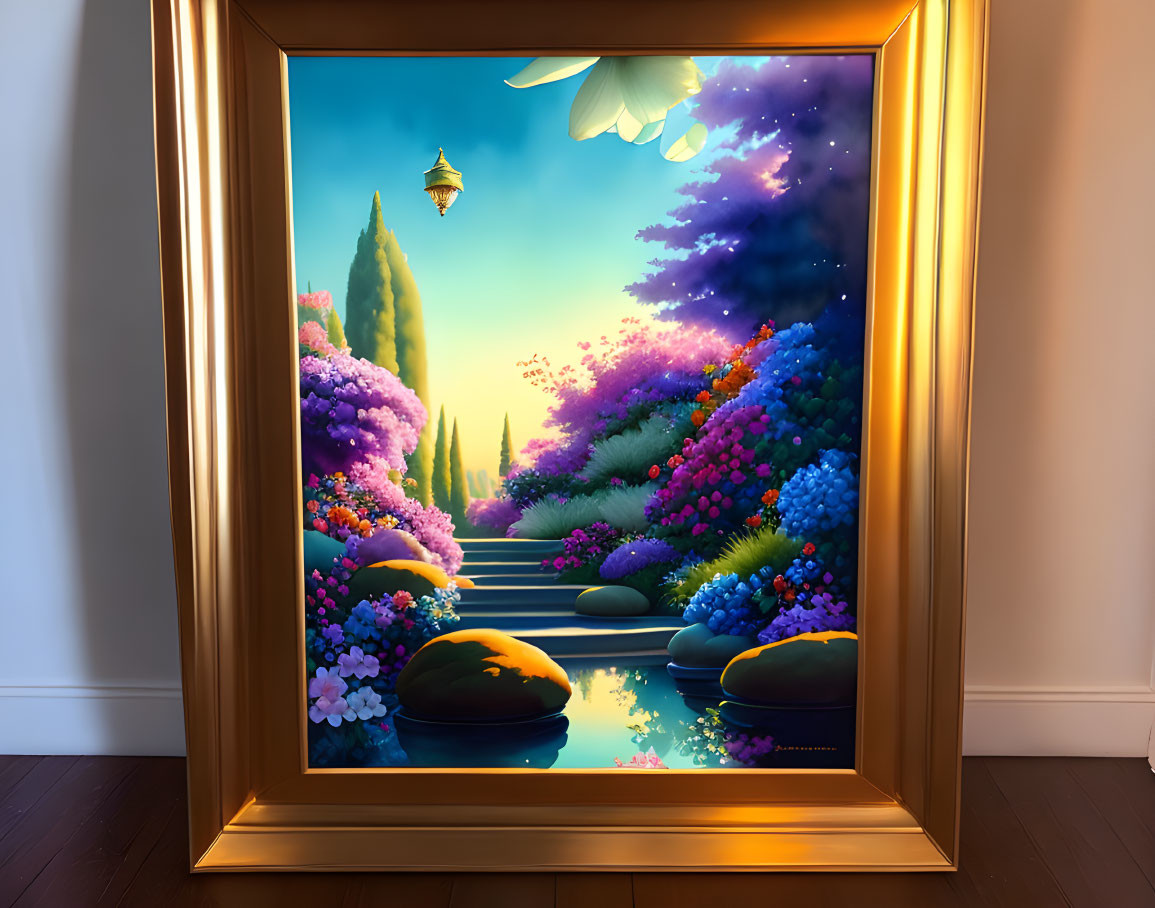 Colorful painting of a lush garden path with flowers, stepping stones, and a glowing lantern.