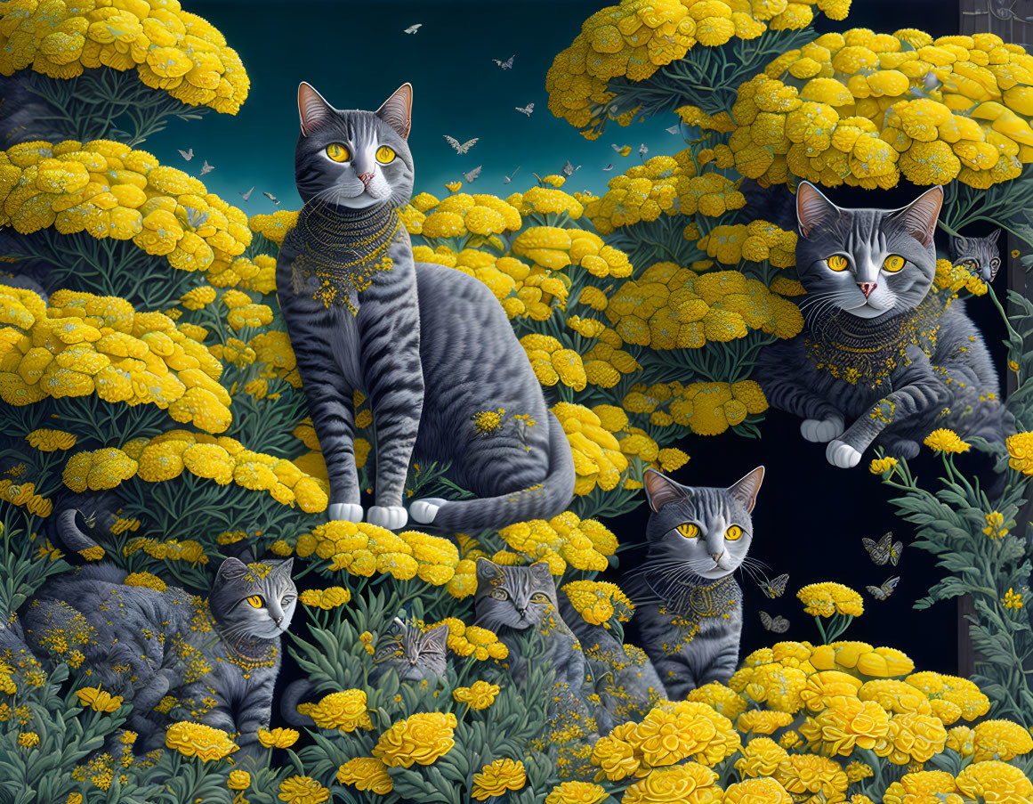 Striped Cats Surrounded by Yellow Flowers and Butterflies