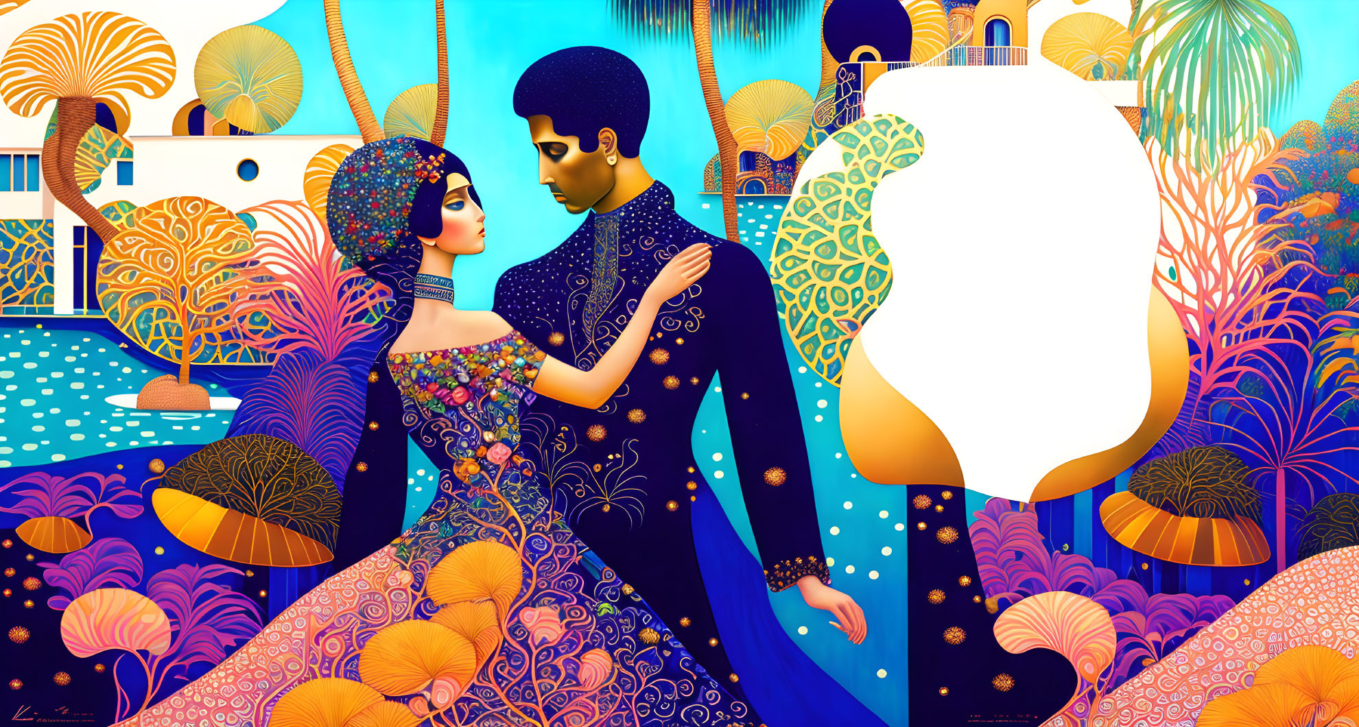 Colorful illustration: Couple embracing in fantastical garden
