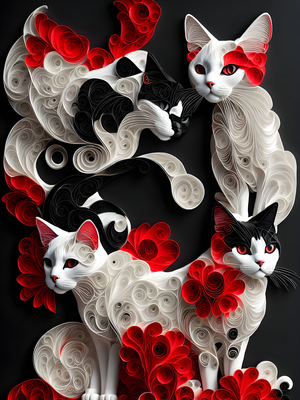 Three cats with black and white patterns and red quilled flowers on dark background.