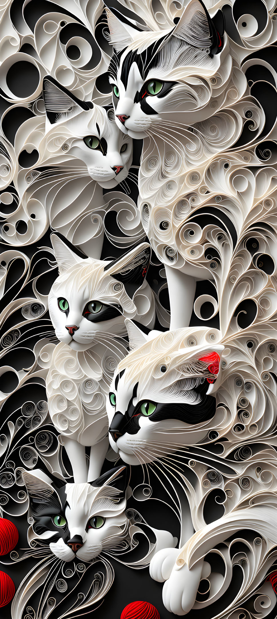 Paper quilled artwork of four stylized cats with green eyes in black, white, and red.