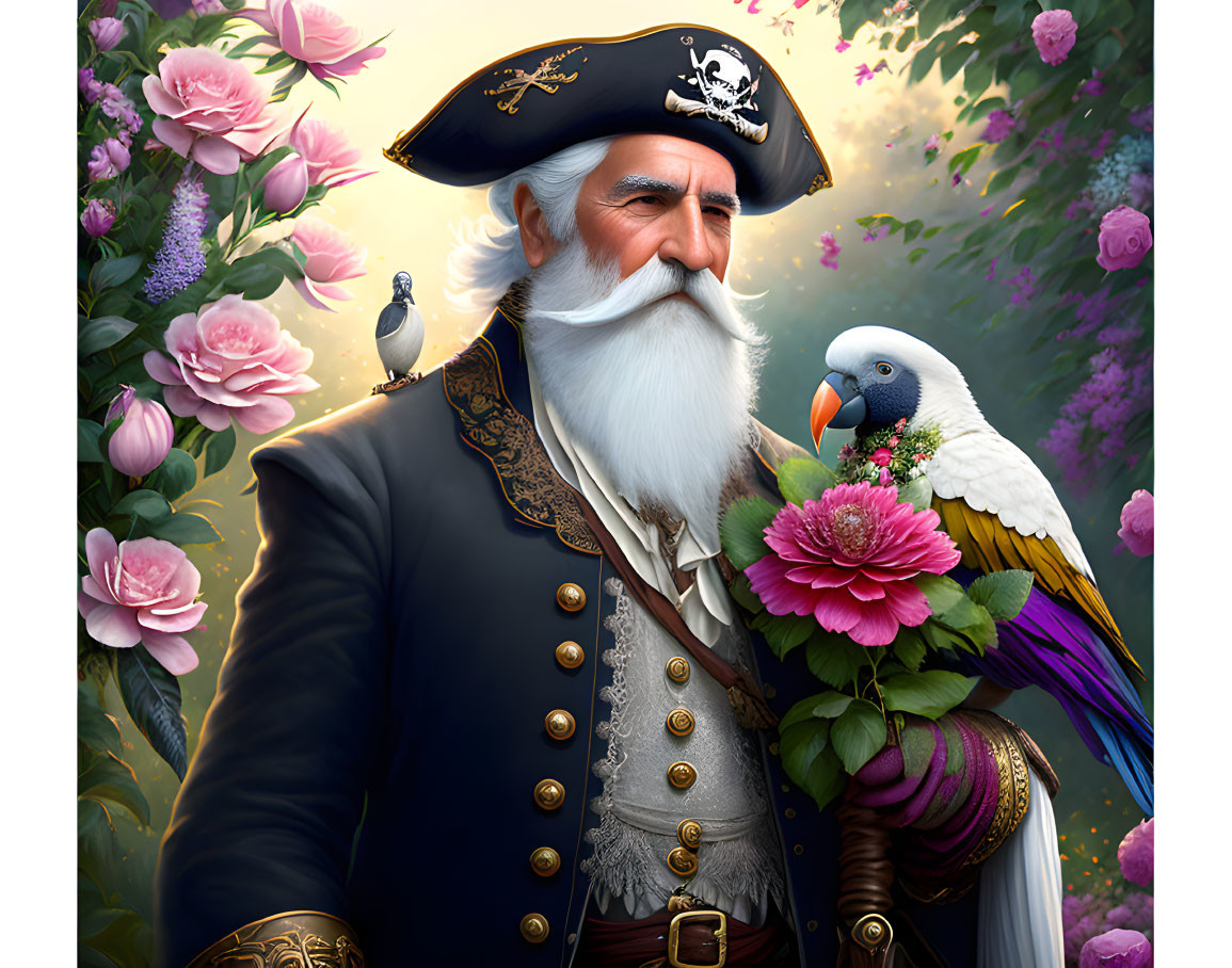 Elderly Pirate Illustration in Captain's Outfit with Flowers and Birds