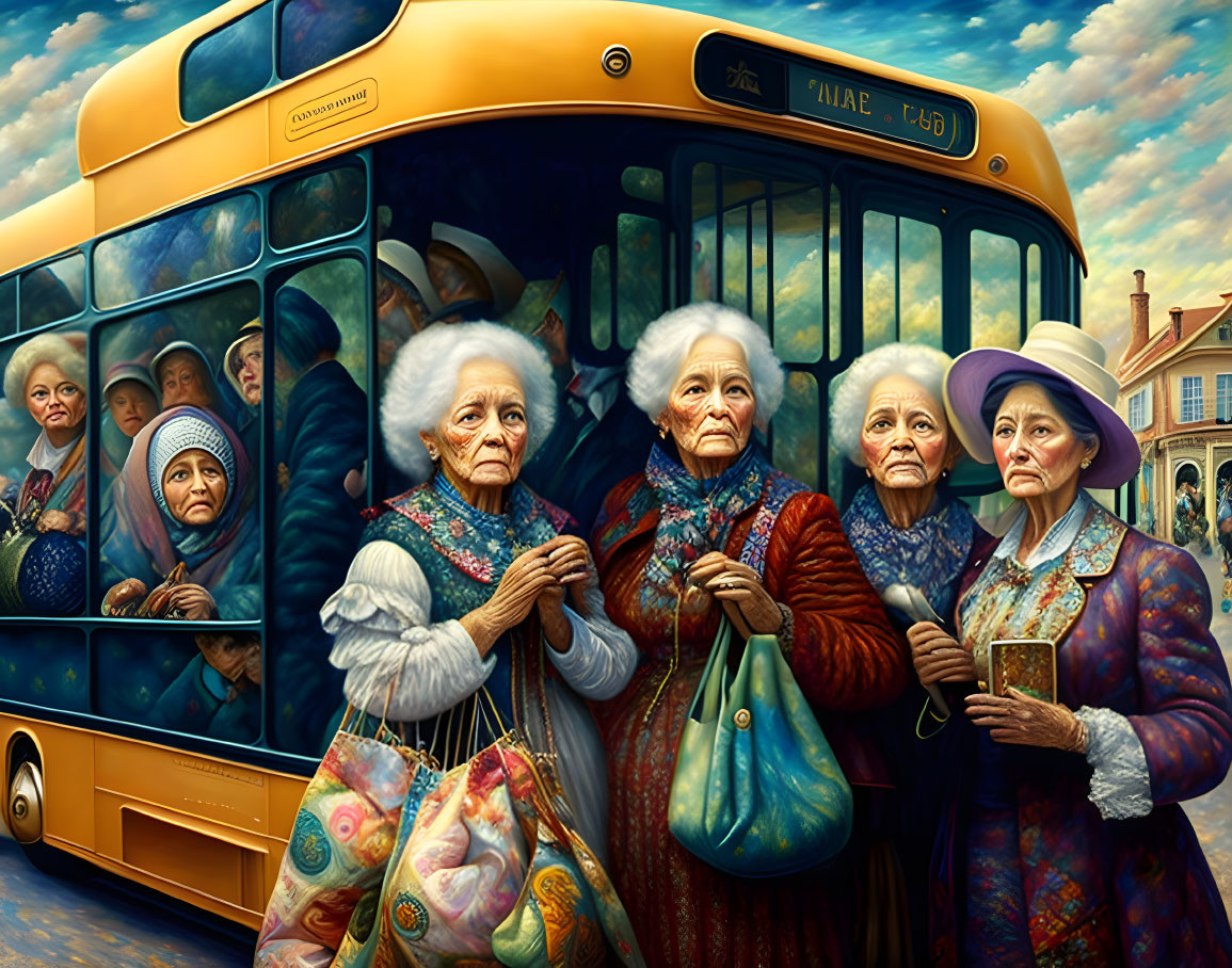 Elderly women with contemplative expressions by vintage yellow bus