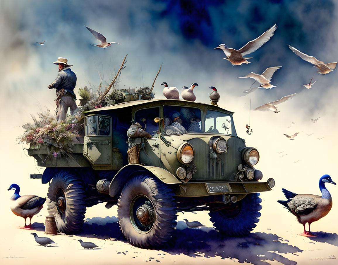 Surreal illustration of oversized green vehicle with ducks, seagulls, and man planting flowers