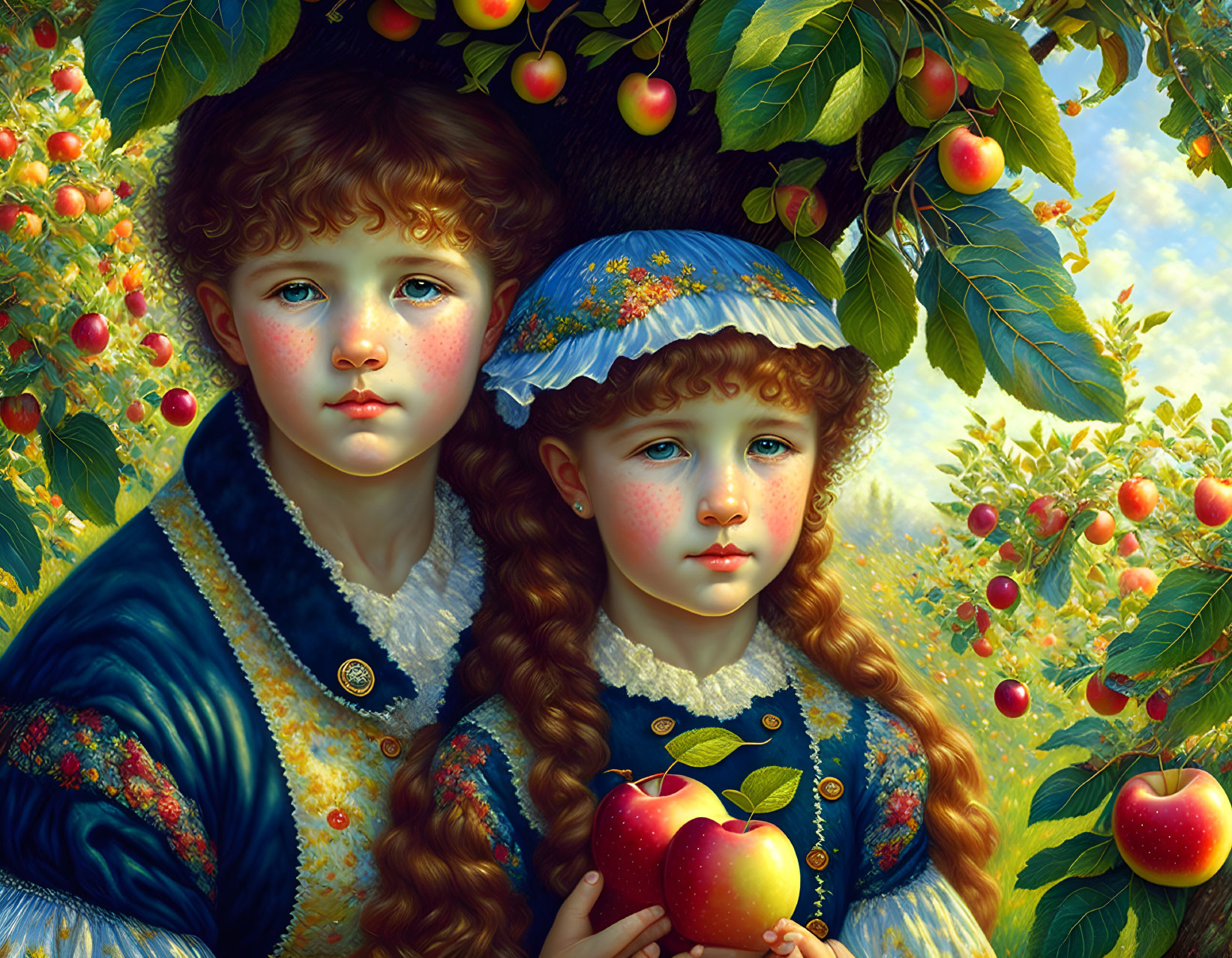 Children with rosy cheeks in vintage outfits in apple orchard with lush greenery