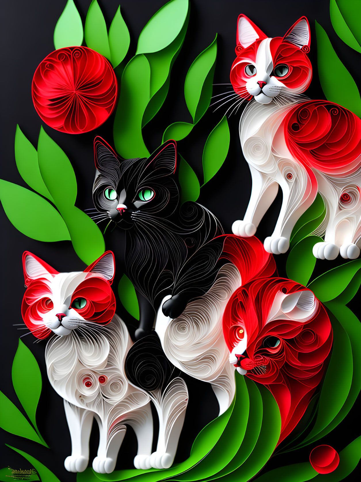 Vibrant cat artwork with red and white patterns and green leaves