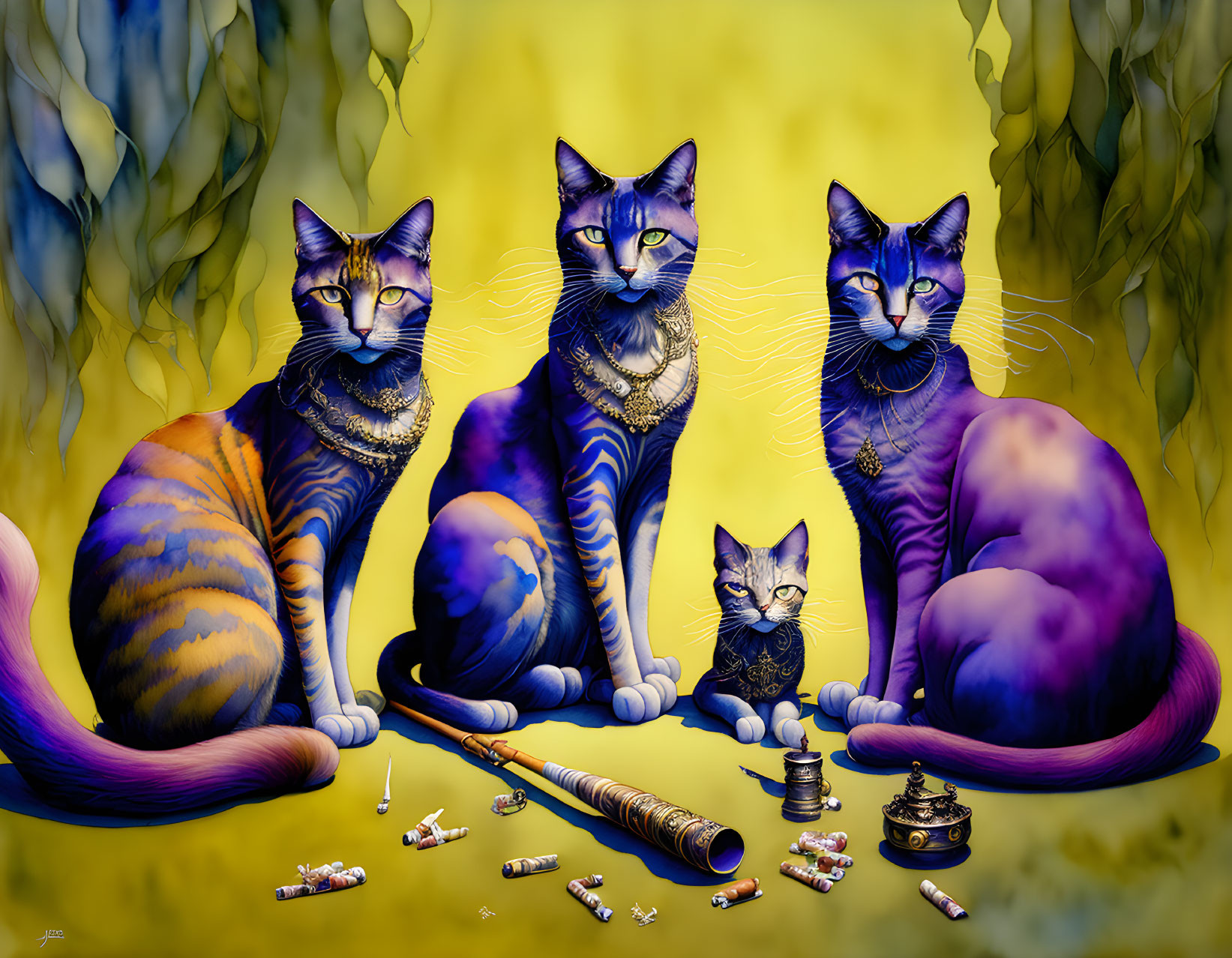 Four stylized cats with intense blue eyes in surreal yellow and purple setting with candy wrappers, flute,