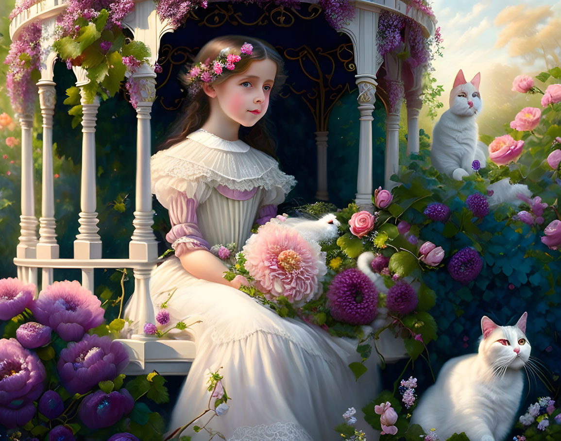 Young girl in vintage white dress with two white cats among vibrant flowers