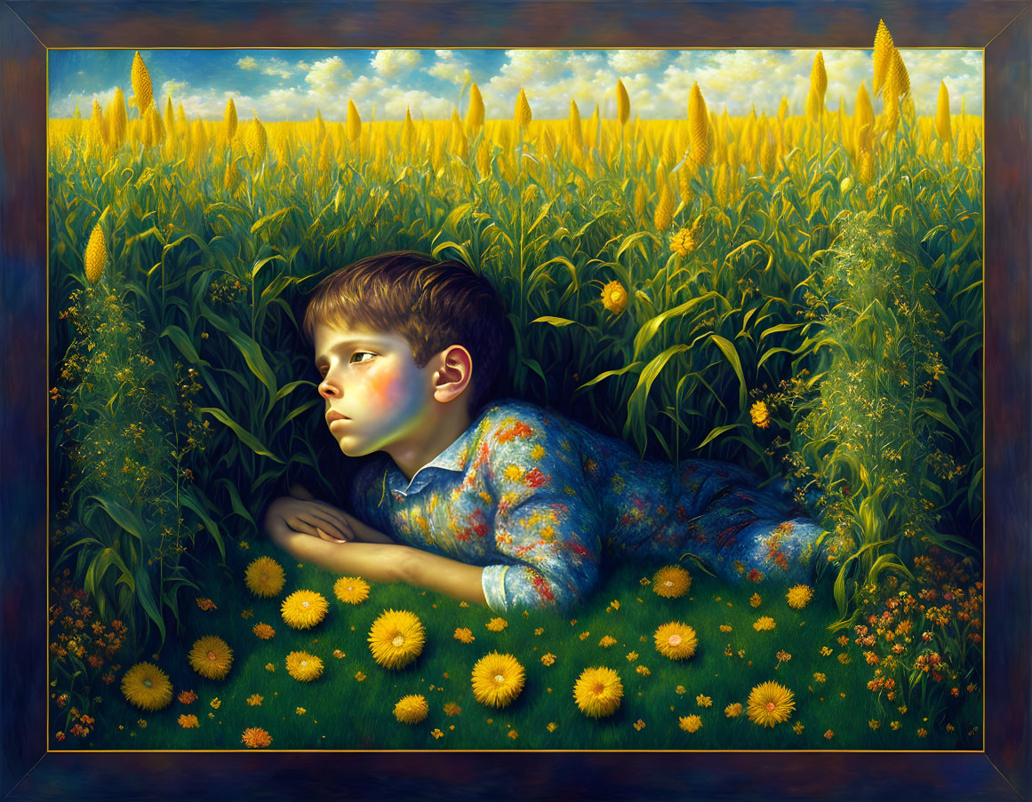 Young boy in sunflower and dandelion field under blue sky