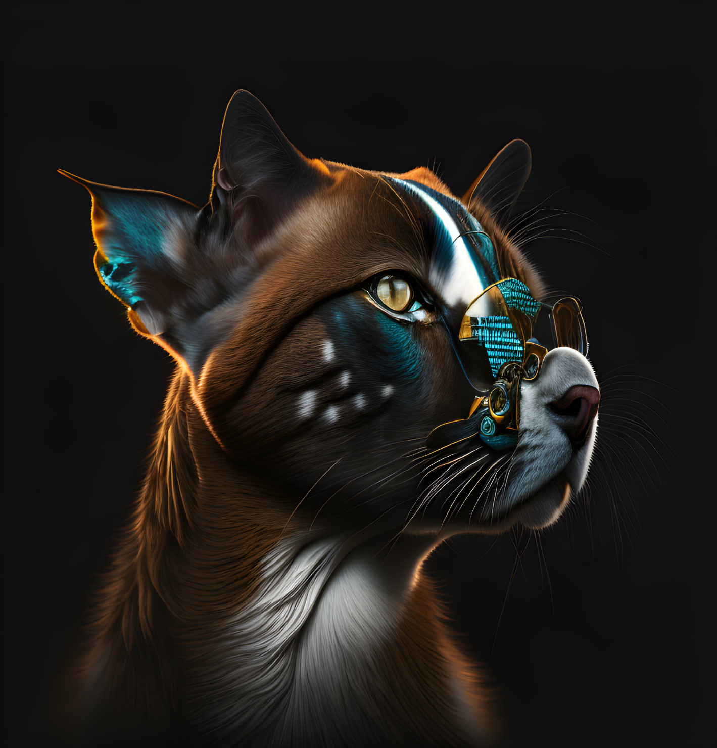 Detailed digital art: Cat with robotic eye & steampunk enhancements on dark backdrop