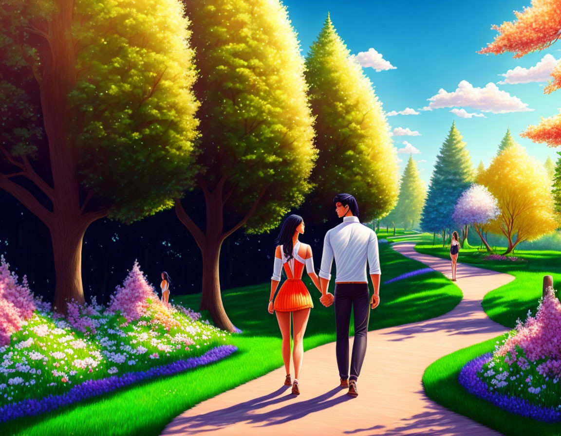 Couple walking in vibrant park with sunlight filtering through trees