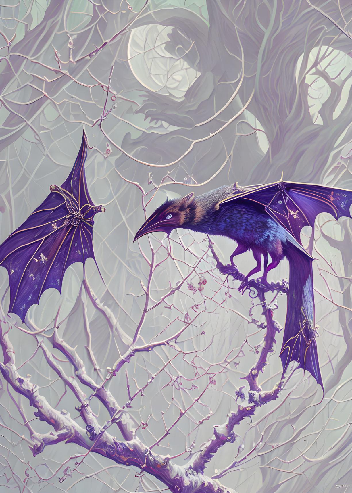 Crow-headed creature with bat wings in mystical forest.