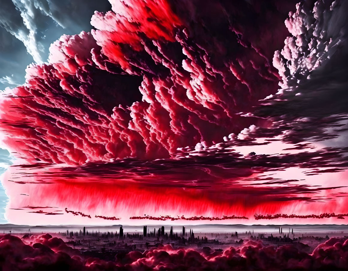 Vivid crimson and purple sky with swirling clouds over silhouetted landscape