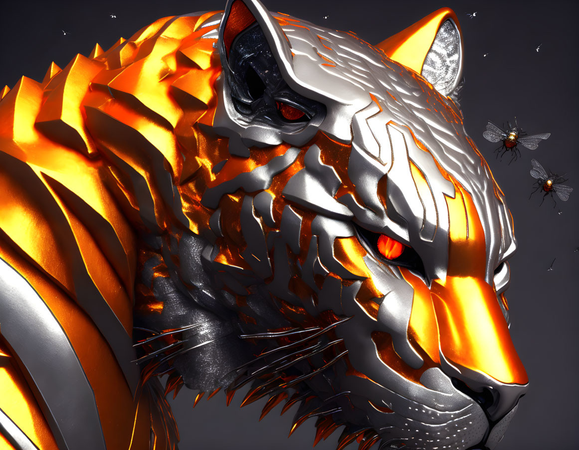 Robotic tiger digital artwork with glowing orange stripes and drones