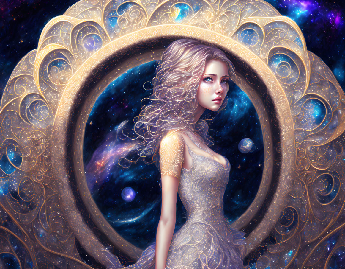 Curly-Haired Woman in Cosmic Setting with Golden Frame