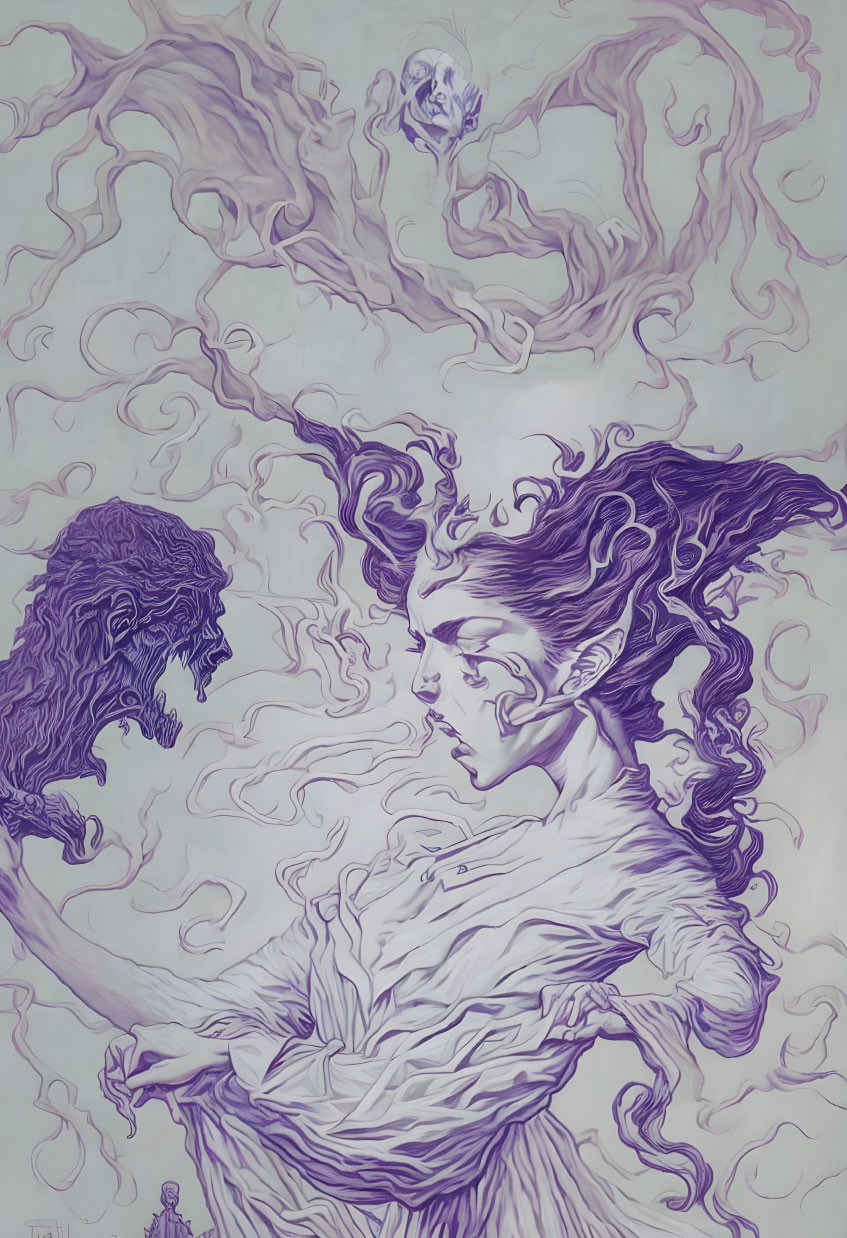 Ethereal artwork: person with flowing hair, phantom wolf, hidden faces & smoke-like patterns