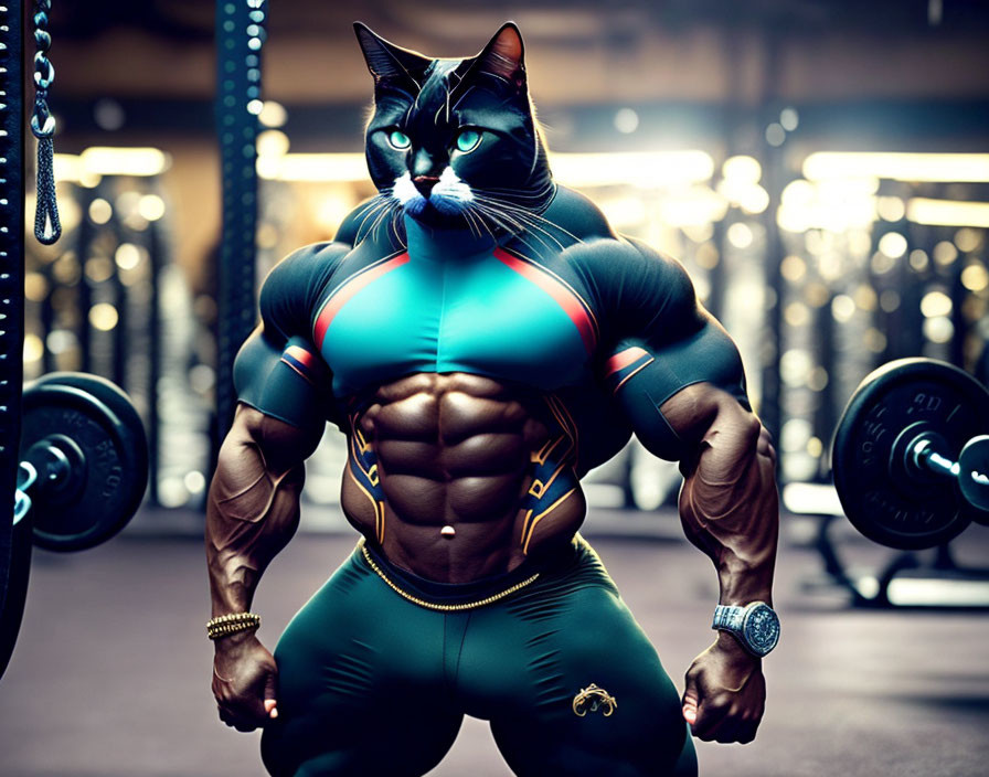 Muscular anthropomorphic cat in gym attire at weightlifting gym