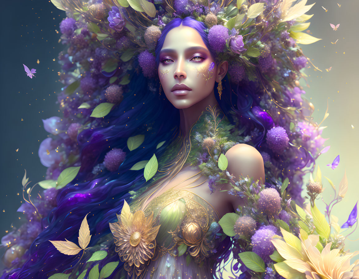 Fantasy portrait of woman with violet eyes and floral headdress.