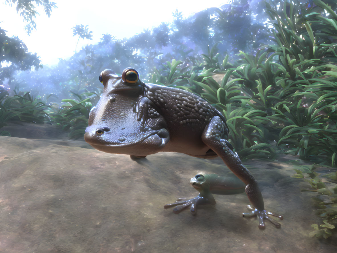 Detailed 3D rendering of a large frog in lush environment