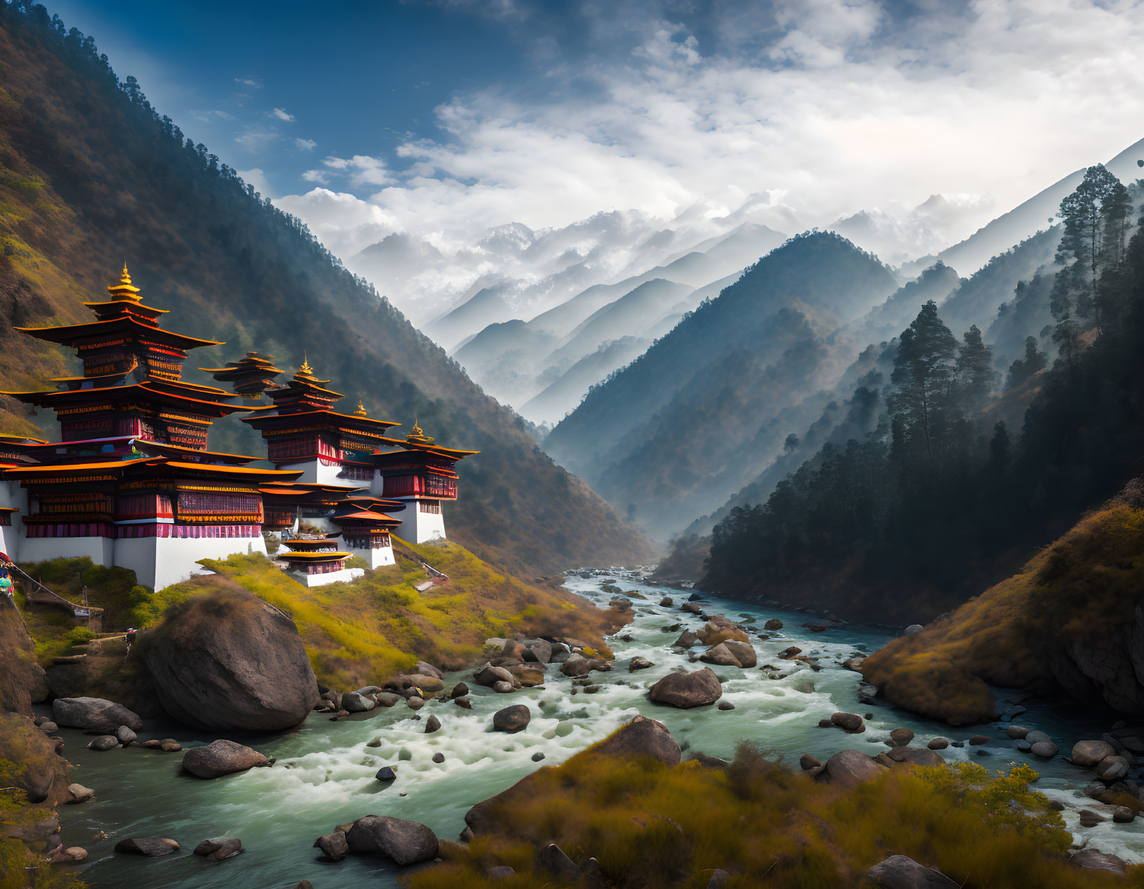 Traditional Temple with Layered Roofs by Mountain River