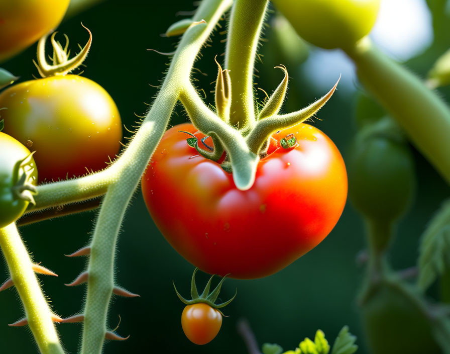 Fresh ripe red tomato on vine with unripe tomatoes and green foliage.