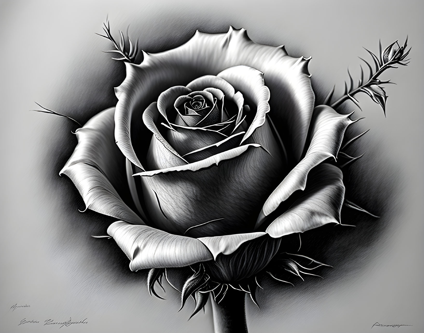 Detailed Monochrome Rose Artwork with Thorns and Shadows