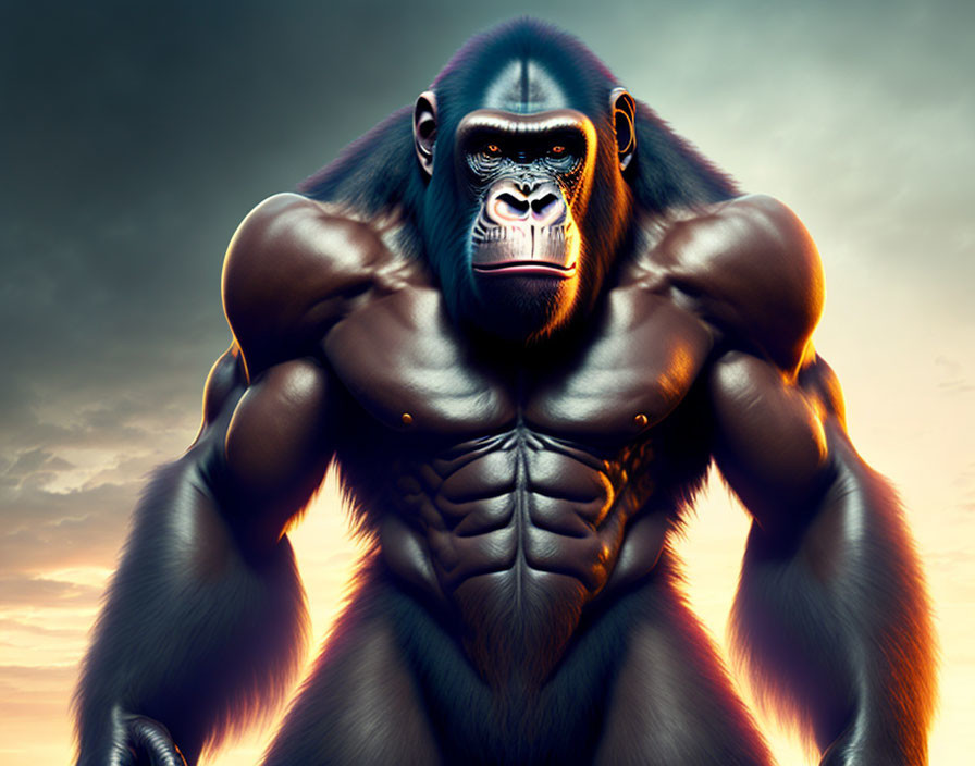 Muscular gorilla with intense gaze against dramatic sunset sky