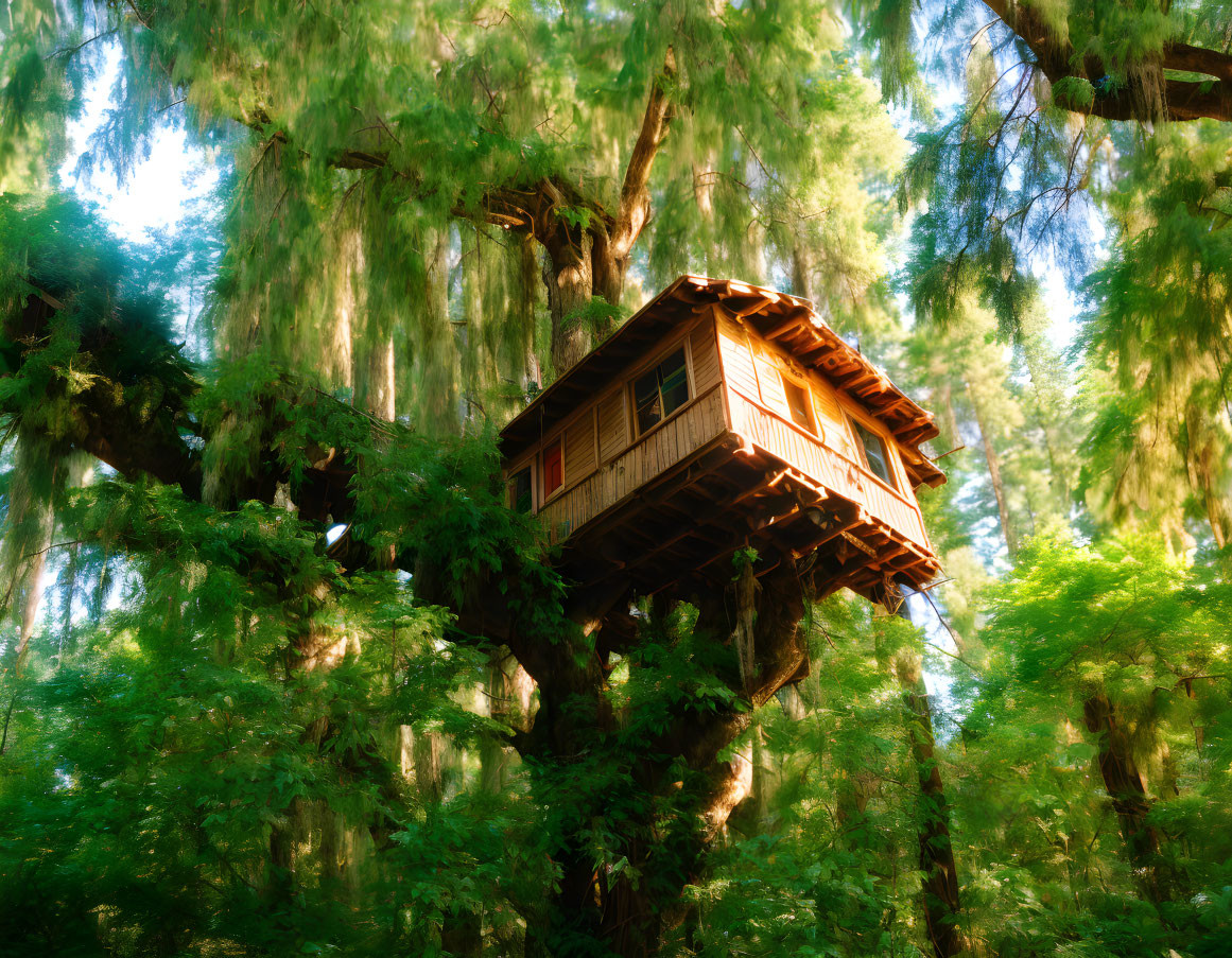 Rustic treehouse in lush forest with sunlight filtering through trees