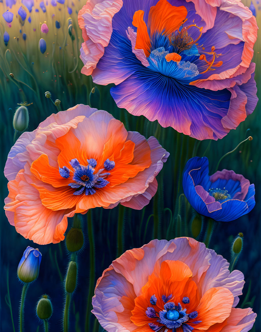 Colorful Poppy Field with Orange and Blue Flowers in Full Bloom