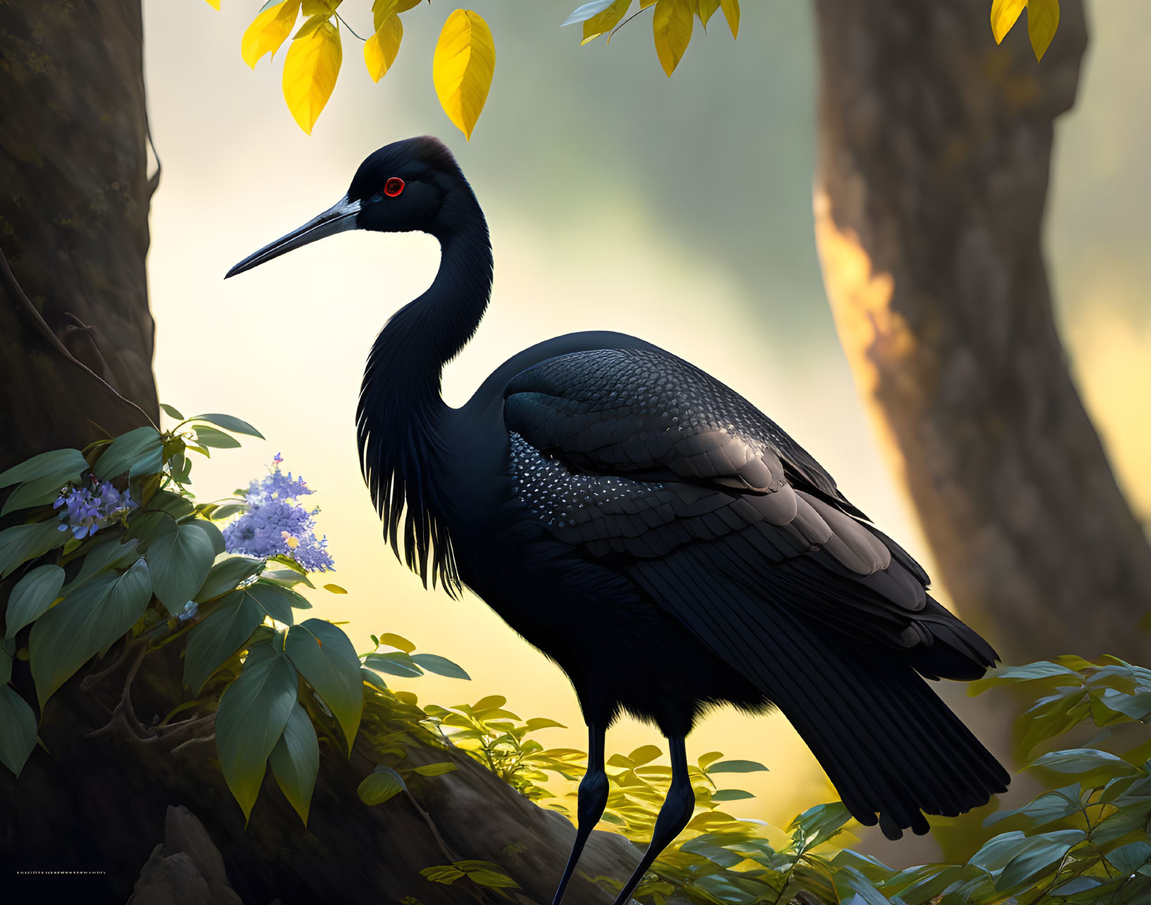 Graceful black crane with red eye among plants and trees in warm light.