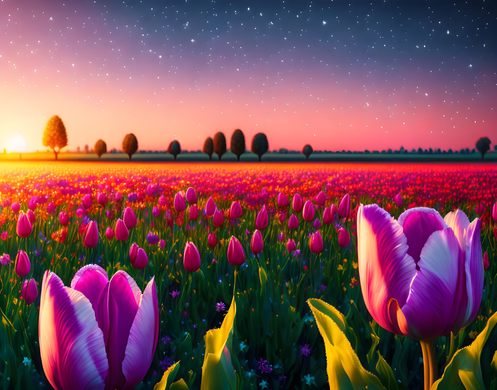 Colorful Tulip Field at Twilight with Starry Sky and Trees