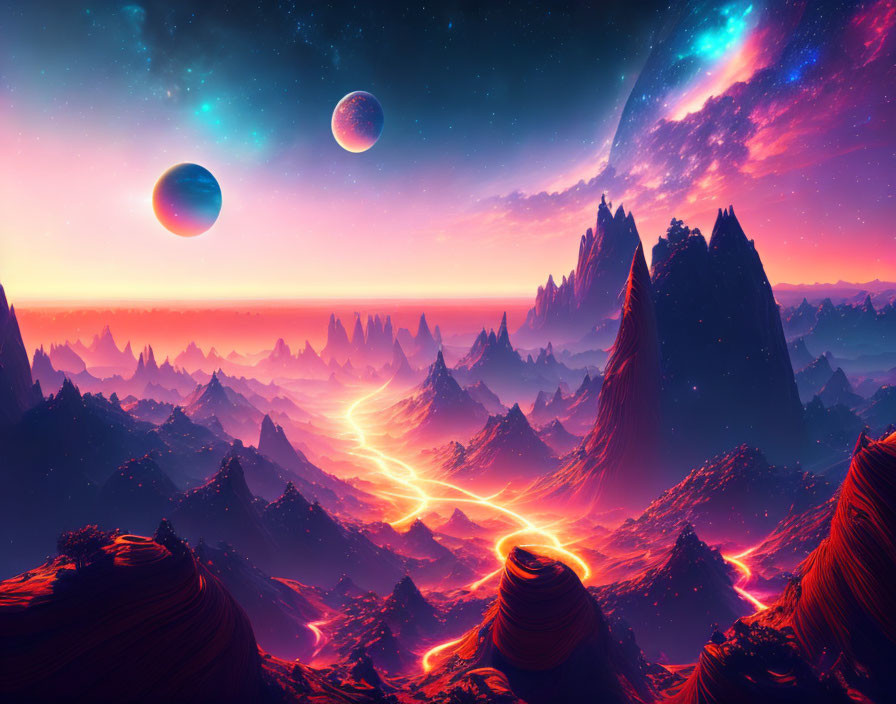 Vibrant sci-fi landscape with jagged mountains, lava rivers, and celestial bodies