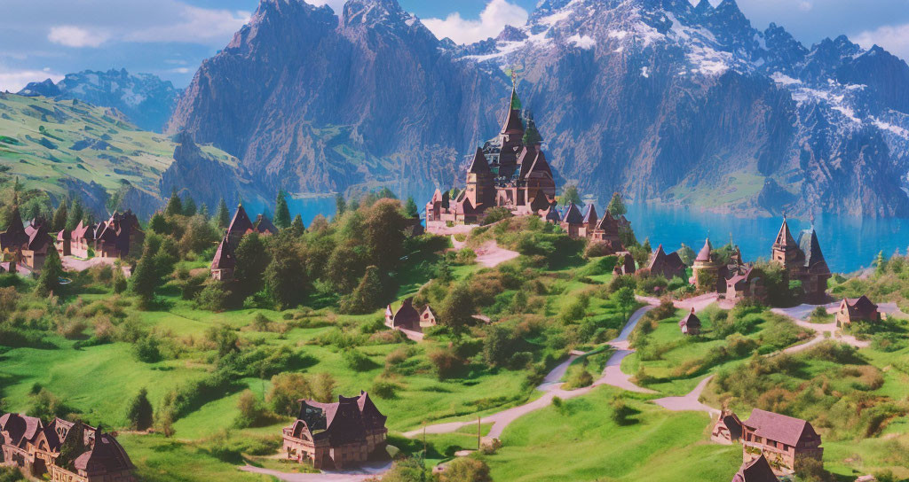 Majestic castle on hill in fantasy landscape