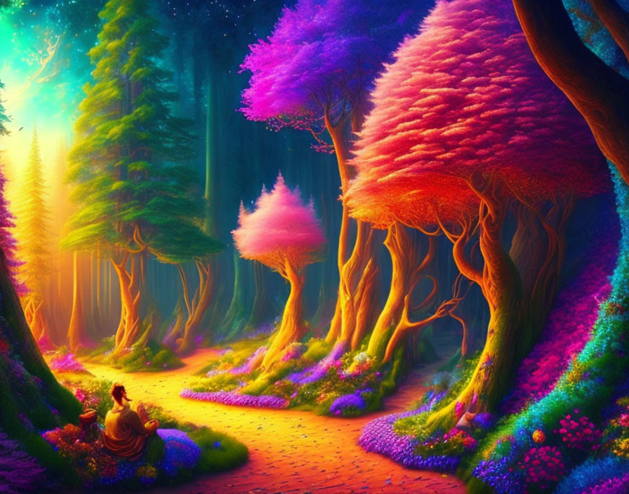 Colorful Forest Scene with Person Sitting Among Multicolored Trees